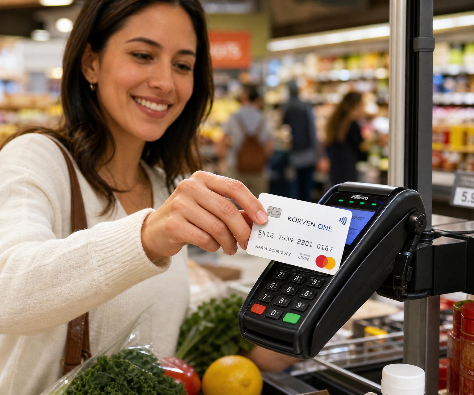 Man paying at a grocery supermarket checkout with a pearl-white Korven One Individual Card
