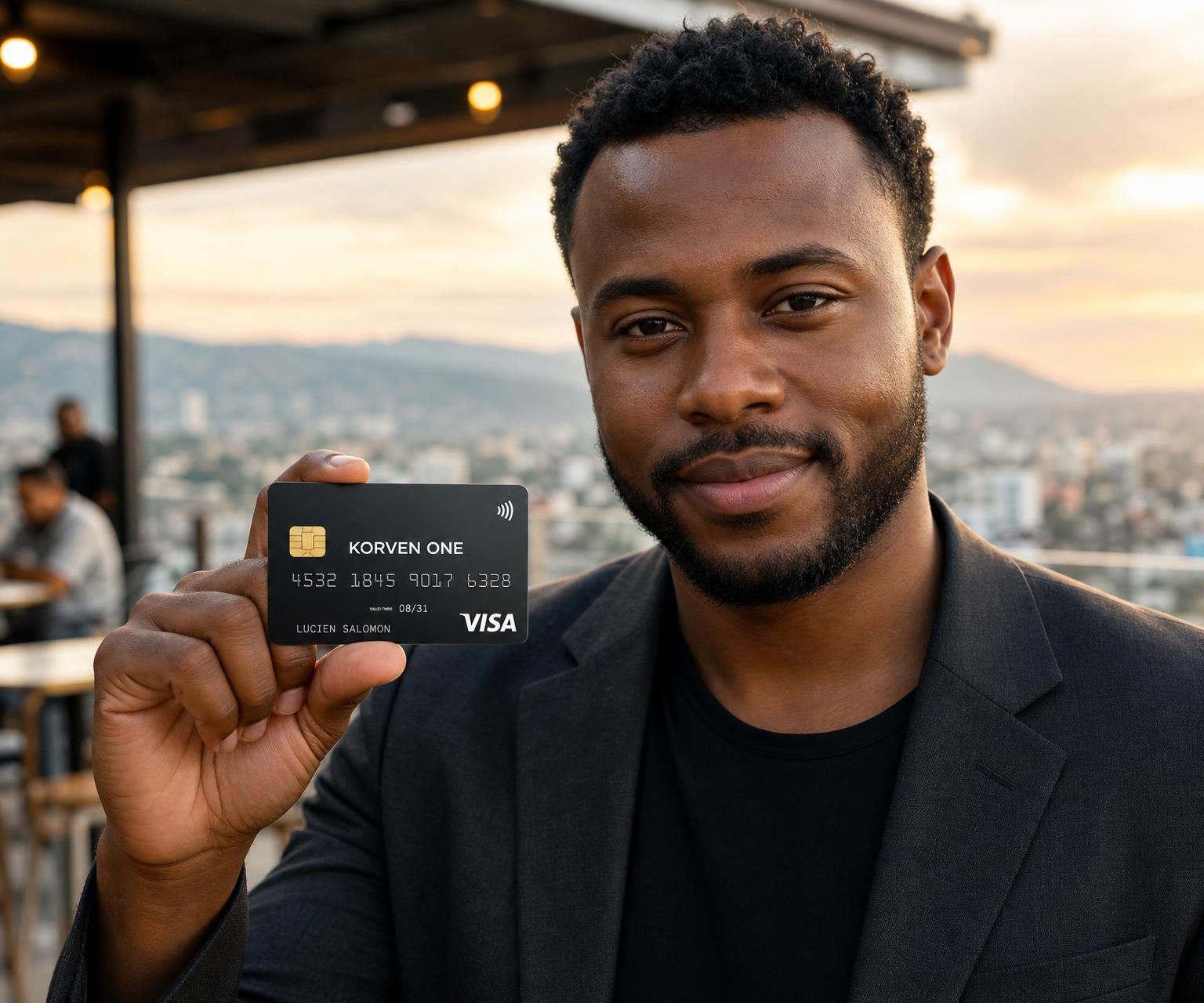 Woman on vacation at a luxury resort holding a midnight-black Korven One Individual Card